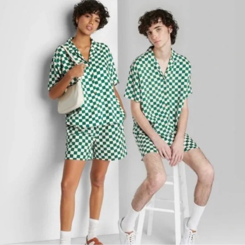 wild fable green checkered button down side xs